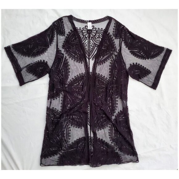 Black Boho Sheer Embroidered Lace Ruana Duster Kimono Cover-Up Size XXL-XXXL - Picture 1 of 8